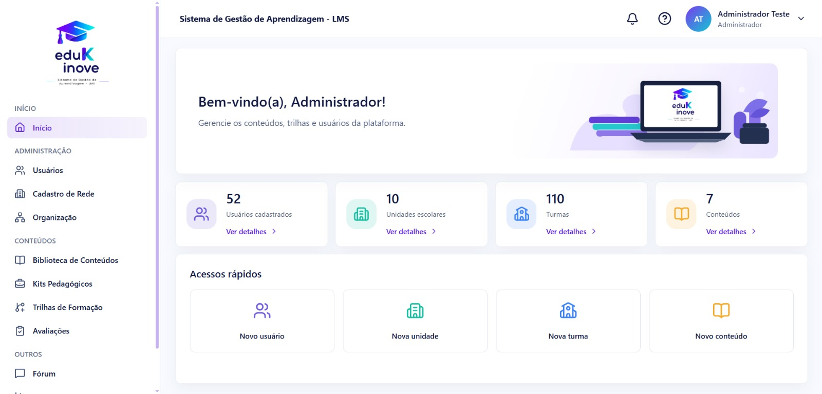 Painel administrativo do EdukInove LMS com gestão de usuários, unidades escolares, turmas, conteúdos e acessos rápidos